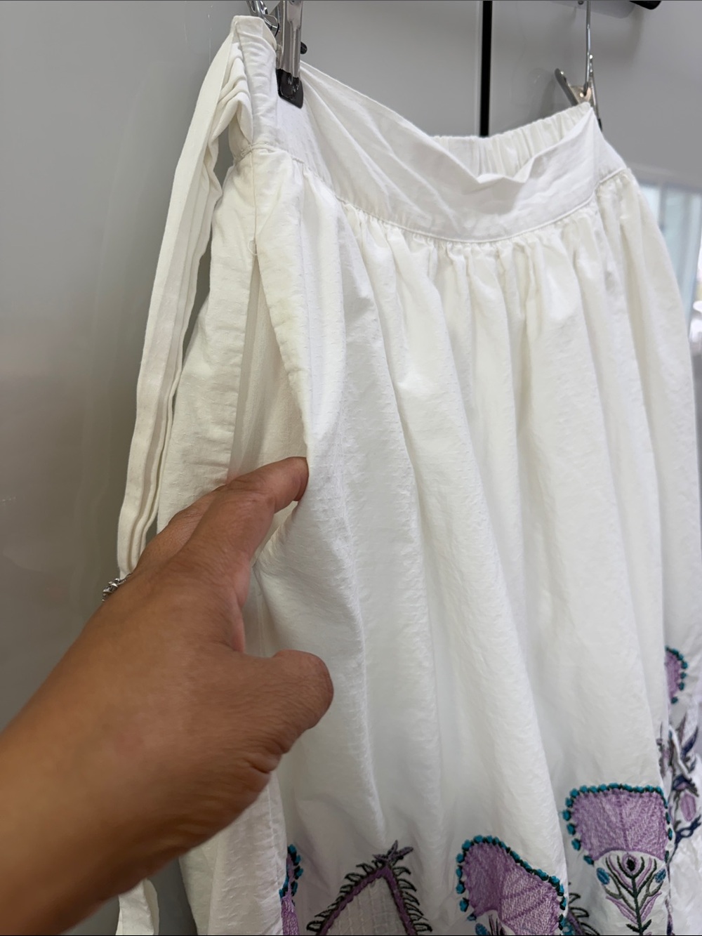 Anthropology White Embroidered Tiered Skirt with Purple & Teal Accents - Picture 4 of 7